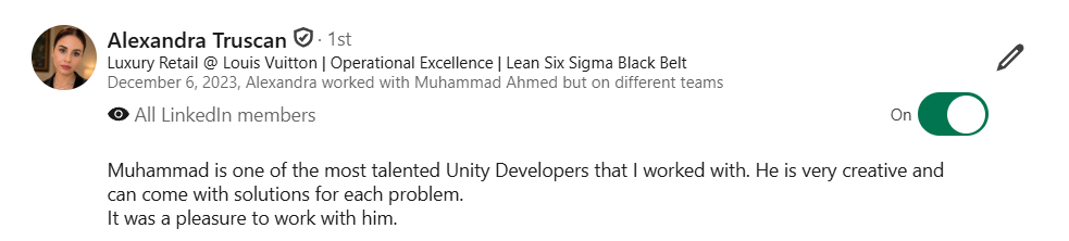 LinkedIn recommendation for Muhammad Ahmed Khan from Alexandra Truscan