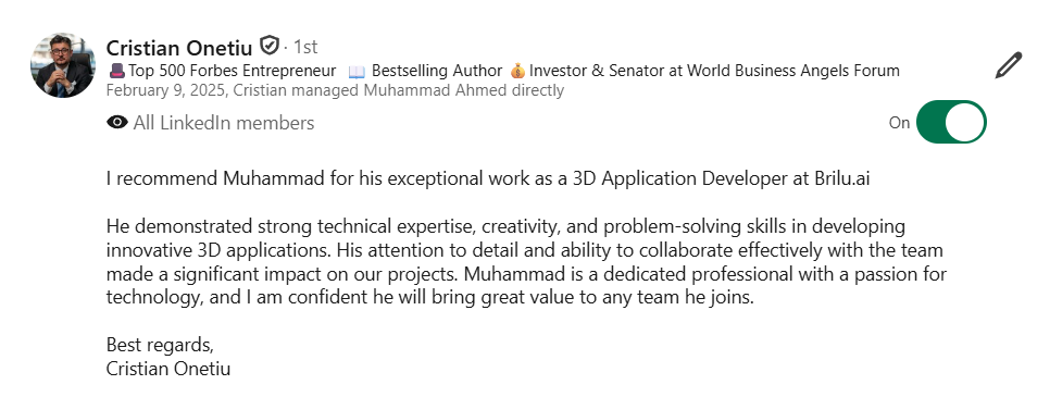 LinkedIn recommendation for Muhammad Ahmed Khan from Cristian Onetiu